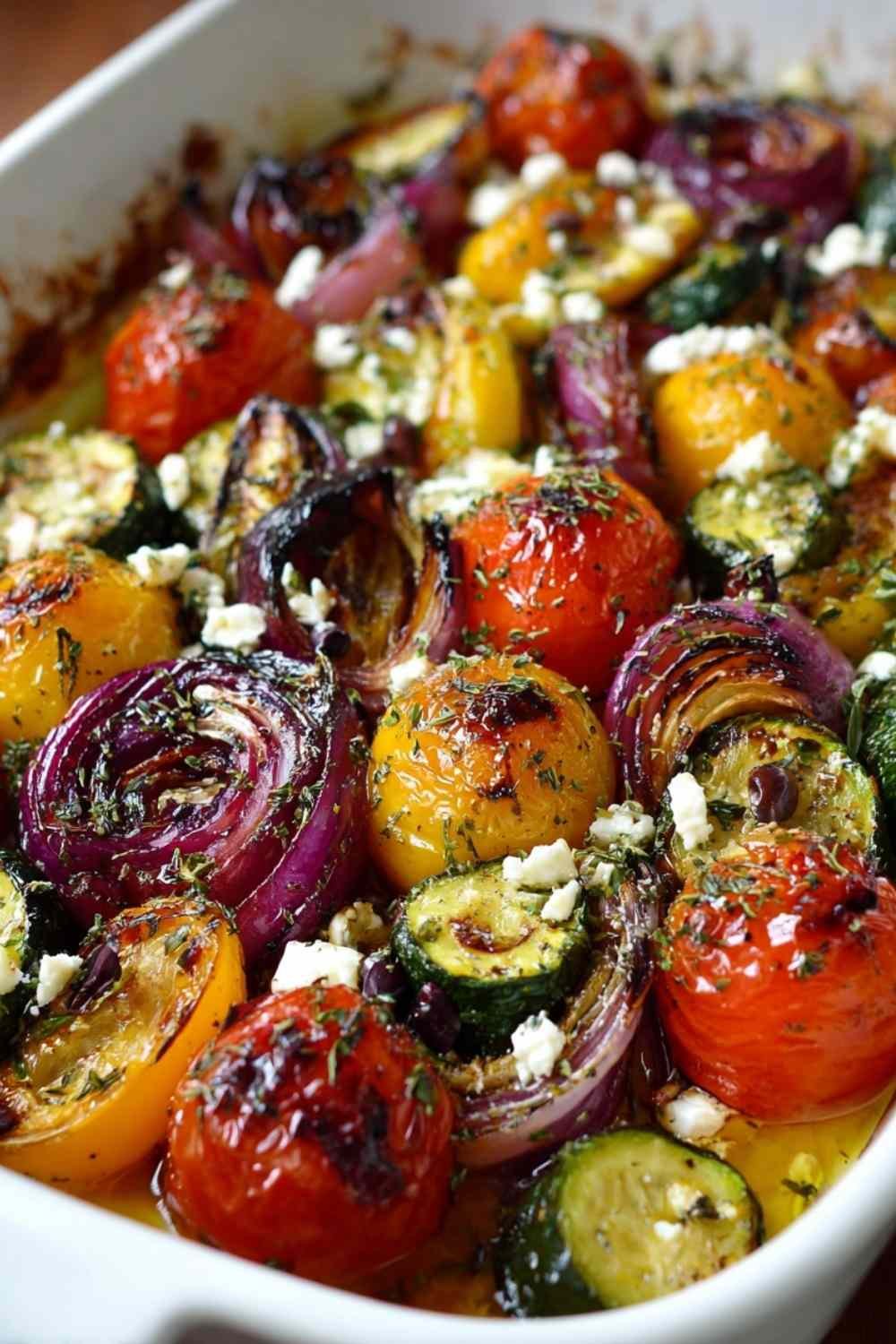 One pan Greek vegetables with roasted bell peppers, zucchini, burst cherry tomatoes, Kalamata olives, and crumbled feta on a sheet pan