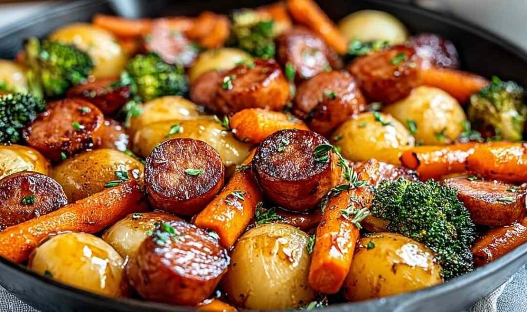 One-Pan Honey Garlic Kielbasa and Veggies on a parchment-lined baking sheet with caramelized edges and colorful roasted peppers and halved baby potatoes
