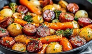One-Pan Honey Garlic Kielbasa and Veggies on a parchment-lined baking sheet with caramelized edges and colorful roasted peppers and halved baby potatoes