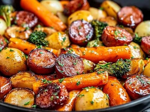 One-Pan Honey Garlic Kielbasa and Veggies on a parchment-lined baking sheet with caramelized edges and colorful roasted peppers and halved baby potatoes