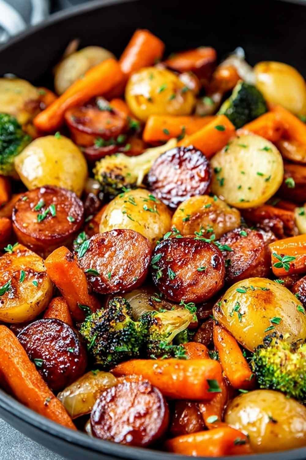 One-Pan Honey Garlic Kielbasa and Veggies on a parchment-lined baking sheet with caramelized edges and colorful roasted peppers and halved baby potatoes