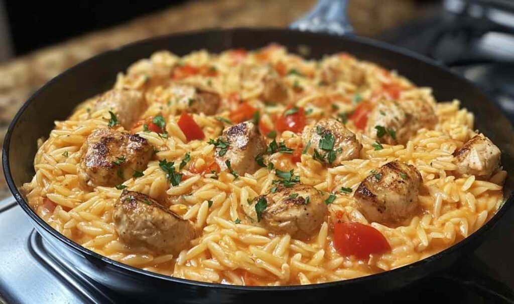 One Pot Cajun Chicken Alfredo Orzo in a large skillet with creamy Parmesan sauce, Cajun chicken pieces, sun-dried tomatoes, and fresh parsley garnish