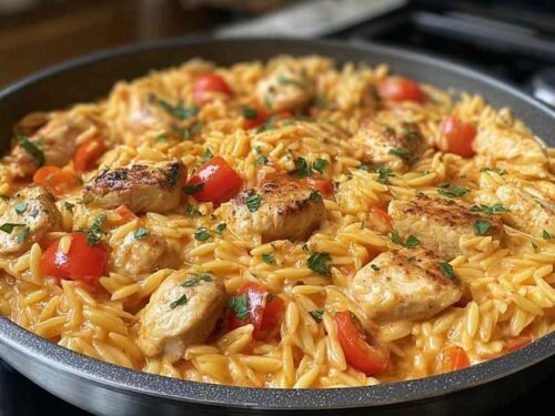 One Pot Cajun Chicken Alfredo Orzo in a large skillet with creamy Parmesan sauce, Cajun chicken pieces, sun-dried tomatoes, and fresh parsley garnish