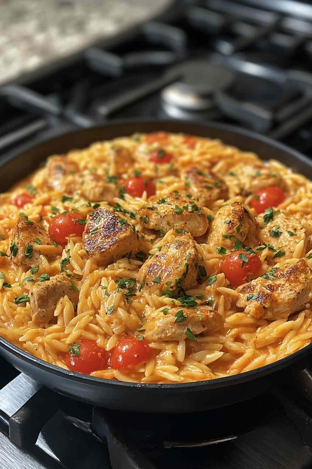 One Pot Cajun Chicken Alfredo Orzo in a large skillet with creamy Parmesan sauce, Cajun chicken pieces, sun-dried tomatoes, and fresh parsley garnish