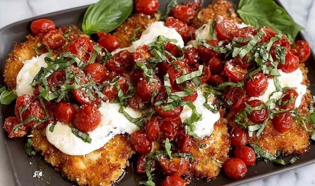 Crispy parmesan basil chicken cutlets golden brown on a white plate with fresh basil garnish