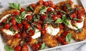 Crispy parmesan basil chicken cutlets golden brown on a white plate with fresh basil garnish