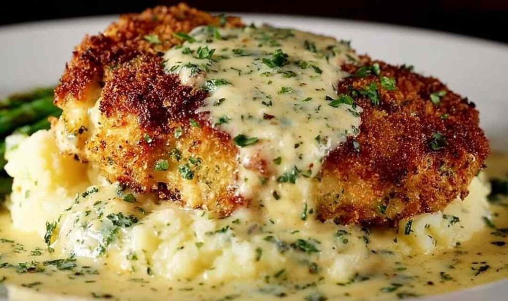 Parmesan crusted chicken cutlets topped with creamy garlic sauce and fresh parsley on a white dinner plate