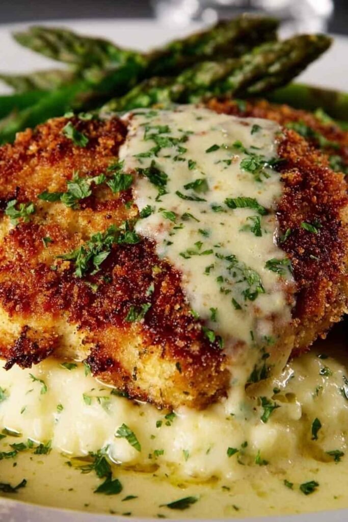 Parmesan crusted chicken cutlets topped with creamy garlic sauce and fresh parsley on a white dinner plate