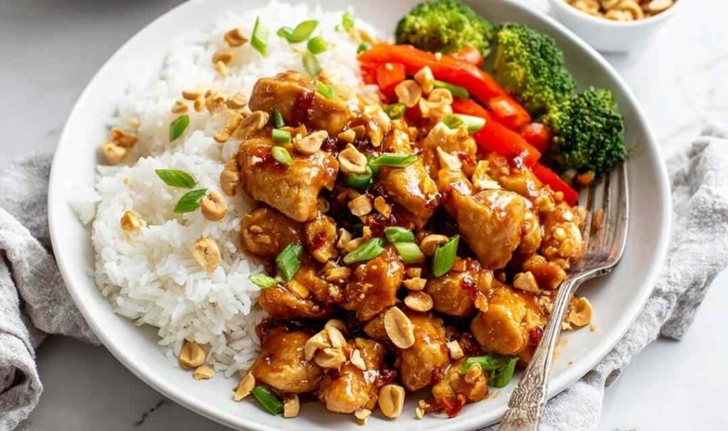 Bowl of peanut butter chicken with stir-fried vegetables served over white rice