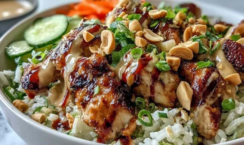 Peanut Chicken Protein Bowl with coconut jasmine rice, sauteed chicken, red cabbage, shredded carrots, and creamy Thai peanut sauce drizzled on top with lime wedge