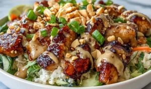 Peanut Chicken Protein Bowl Peanut Chicken Protein Bowl with coconut jasmine rice, sauteed chicken, red cabbage, shredded carrots, and creamy Thai peanut sauce drizzled on top with lime wedge