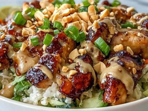 Peanut Chicken Protein Bowl with coconut jasmine rice, sauteed chicken, red cabbage, shredded carrots, and creamy Thai peanut sauce drizzled on top with lime wedge