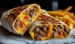 Creamy Philly Cheesesteak Wrap sliced in half showing tender steak, caramelized onions, and melted cheese sauce inside a golden toasted flour tortilla