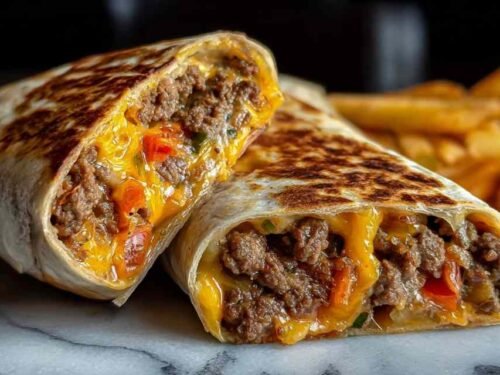 Creamy Philly Cheesesteak Wrap sliced in half showing tender steak, caramelized onions, and melted cheese sauce inside a golden toasted flour tortilla