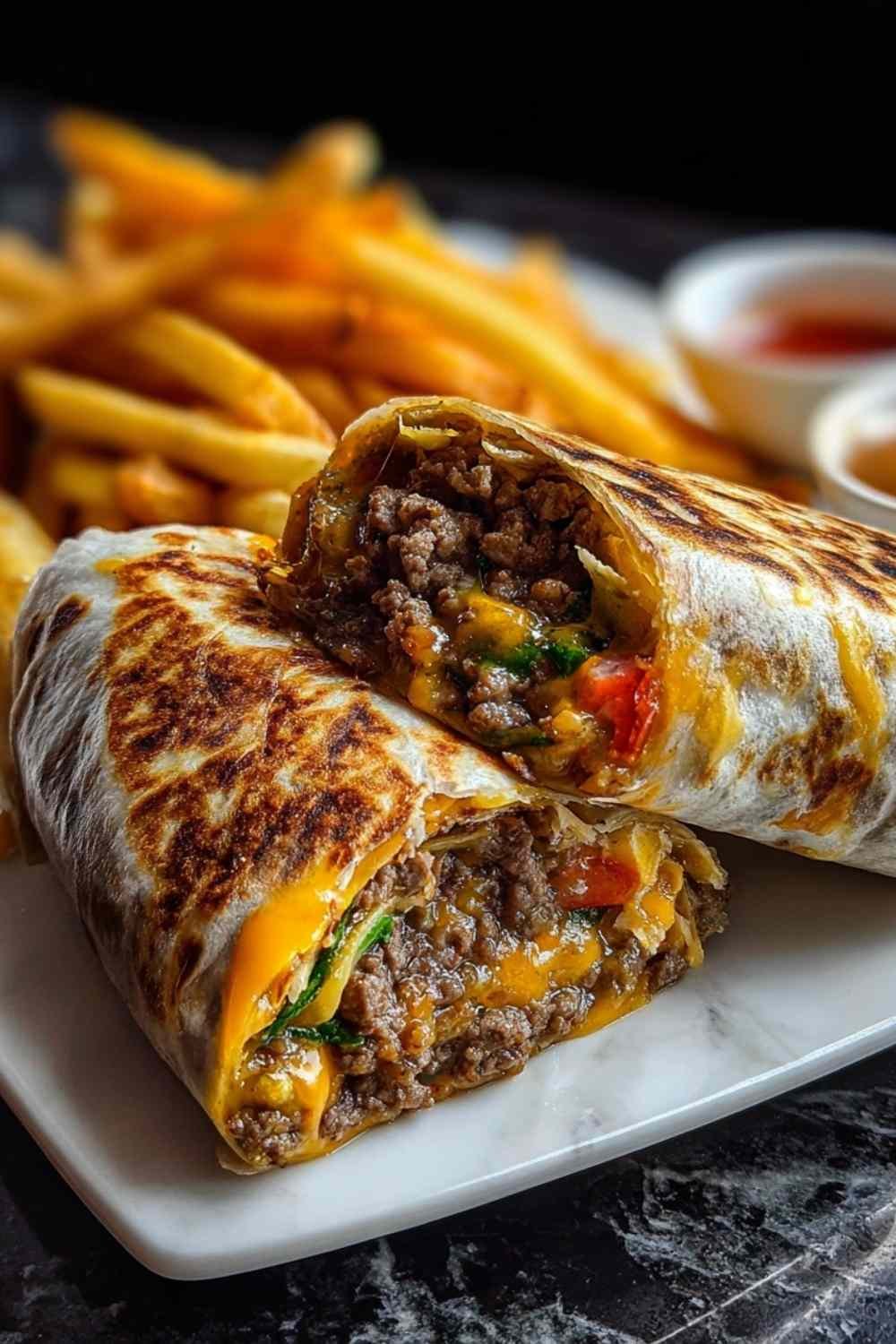Creamy Philly Cheesesteak Wrap sliced in half showing tender steak, caramelized onions, and melted cheese sauce inside a golden toasted flour tortilla