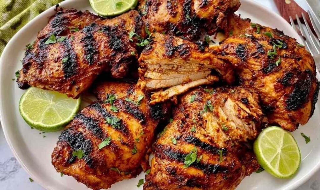 Sliced Pollo Asado Chipotle copycat chicken on a wooden board with lime wedges and fresh cilantro