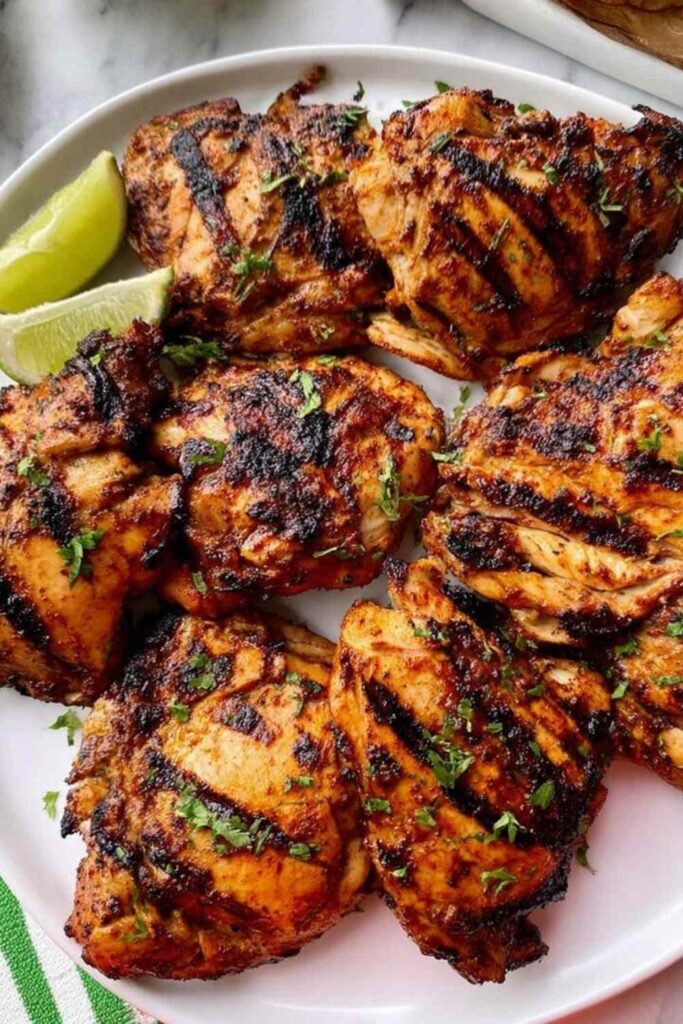 Sliced Pollo Asado Chipotle copycat chicken on a wooden board with lime wedges and fresh cilantro