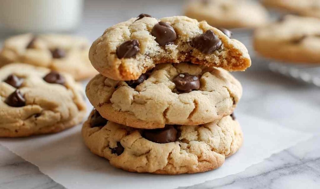 Soft protein Greek yogurt cookies with golden edges cooling on a wire rack with dark chocolate chip mix-ins