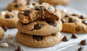 Soft protein Greek yogurt cookies with golden edges cooling on a wire rack with dark chocolate chip mix-ins