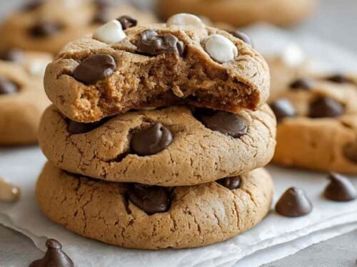 Soft protein Greek yogurt cookies with golden edges cooling on a wire rack with dark chocolate chip mix-ins