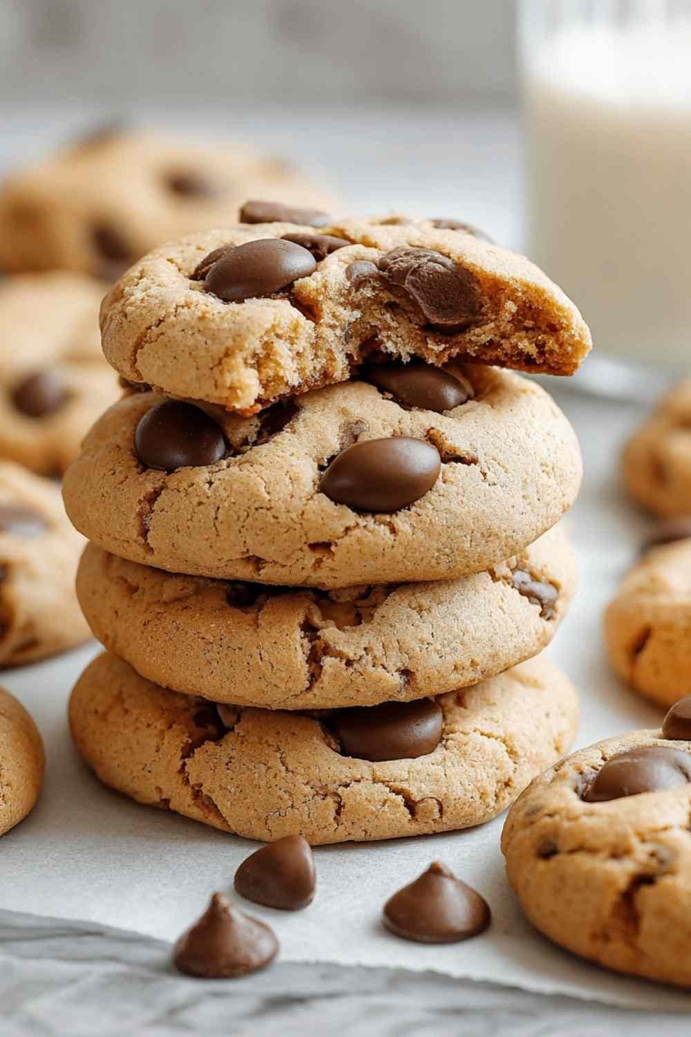 Soft protein Greek yogurt cookies with golden edges cooling on a wire rack with dark chocolate chip mix-ins