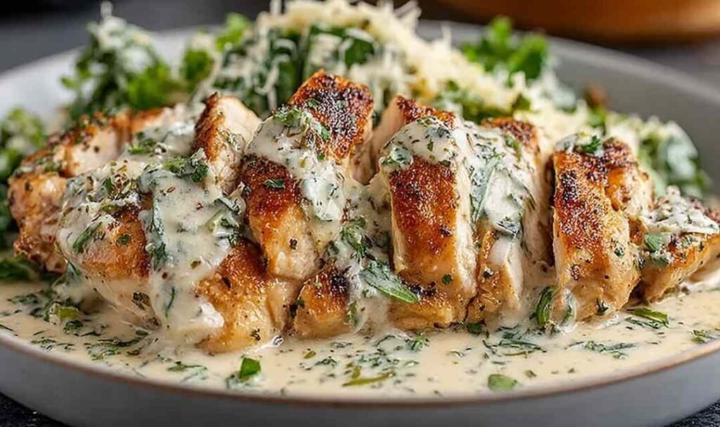 Melt in your mouth Caesar chicken in baking dish with golden bubbly Parmesan sauce and fresh parsley garnish