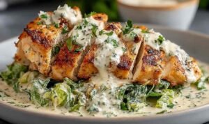 Melt In Your Mouth Caesar Chicken Melt in your mouth Caesar chicken in baking dish with golden bubbly Parmesan sauce and fresh parsley garnish