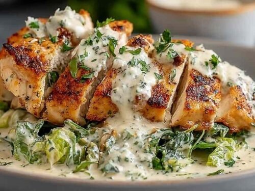 Melt in your mouth Caesar chicken in baking dish with golden bubbly Parmesan sauce and fresh parsley garnish