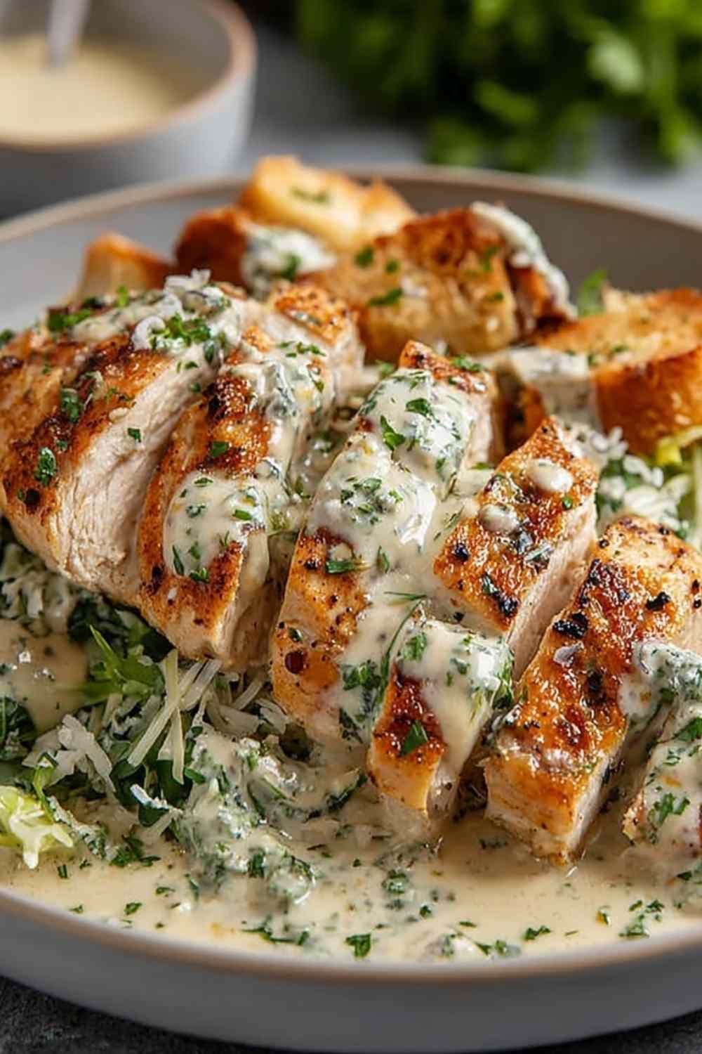 Melt in your mouth Caesar chicken in baking dish with golden bubbly Parmesan sauce and fresh parsley garnish