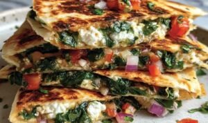 Crispy Mediterranean quesadillas sliced into wedges on a wooden board served with tzatziki dipping sauce