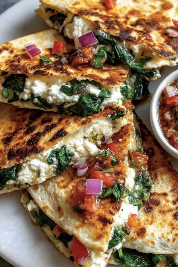 Crispy Mediterranean quesadillas sliced into wedges on a wooden board served with tzatziki dipping sauce