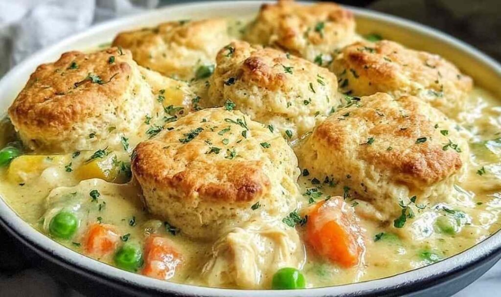 Red Lobster biscuit chicken pot pie in a white baking dish with golden cheddar biscuits and garlic butter glaze on top