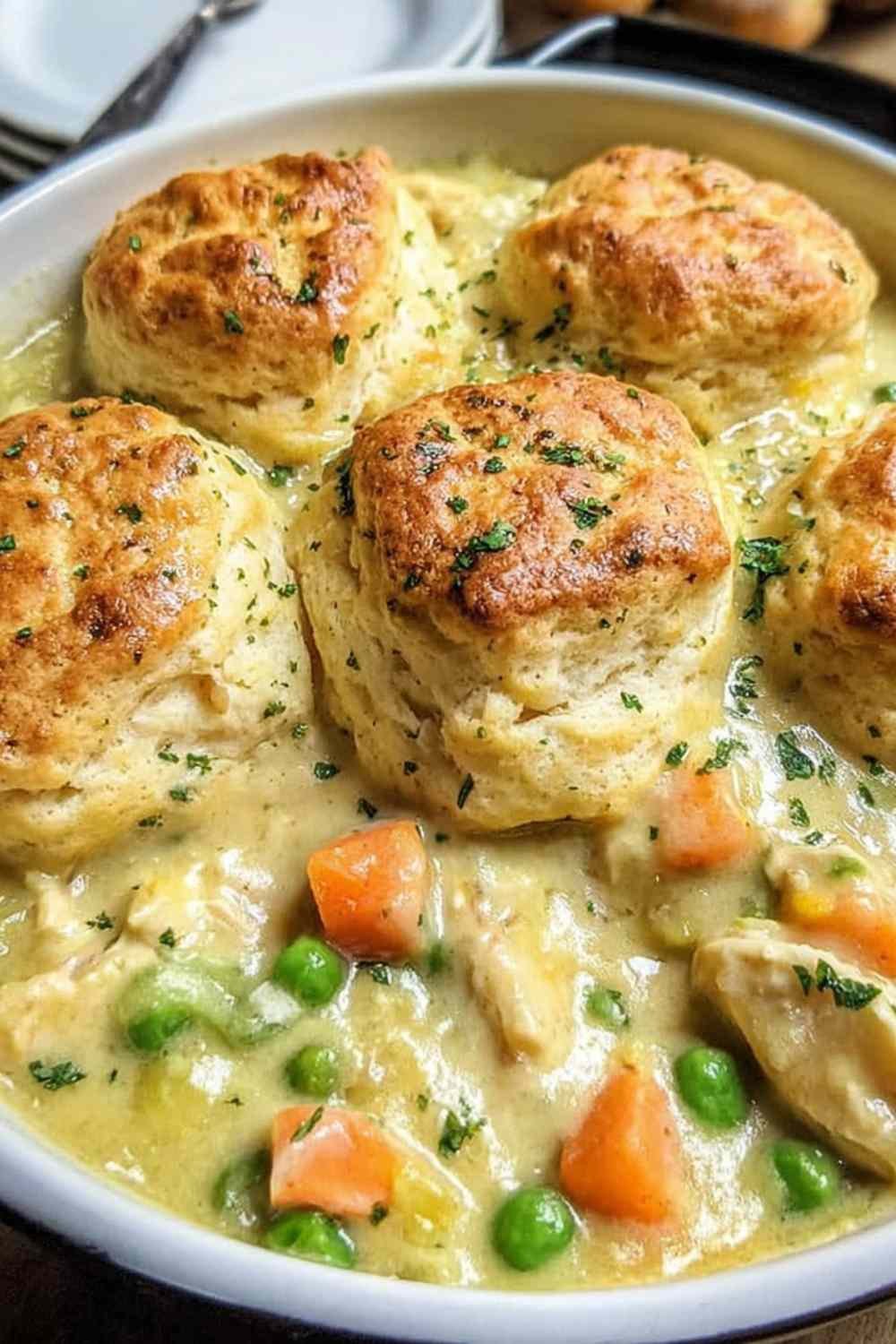 Red Lobster biscuit chicken pot pie in a white baking dish with golden cheddar biscuits and garlic butter glaze on top