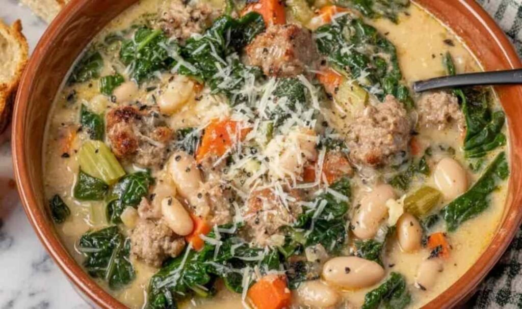 Italian Sausage and White Bean Soup in a Dutch oven topped with fresh parsley and grated Parmesan cheese