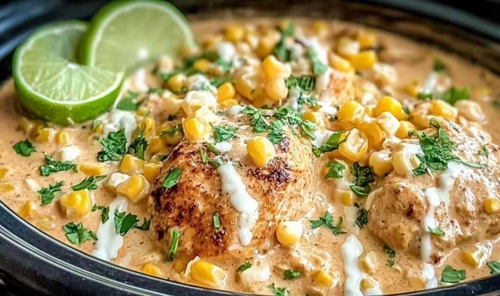 Slow-Cooker Street Corn Chicken freshly shredded in the slow cooker with creamy corn sauce, cilantro, and melted cheese on top