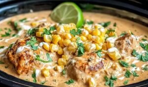 Slow-Cooker Street Corn Chicken freshly shredded in the slow cooker with creamy corn sauce, cilantro, and melted cheese on top