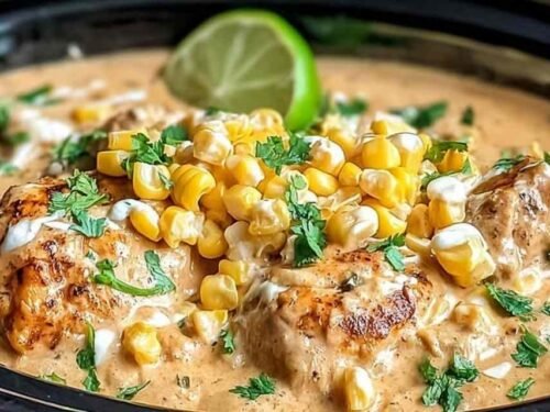 Slow-Cooker Street Corn Chicken freshly shredded in the slow cooker with creamy corn sauce, cilantro, and melted cheese on top