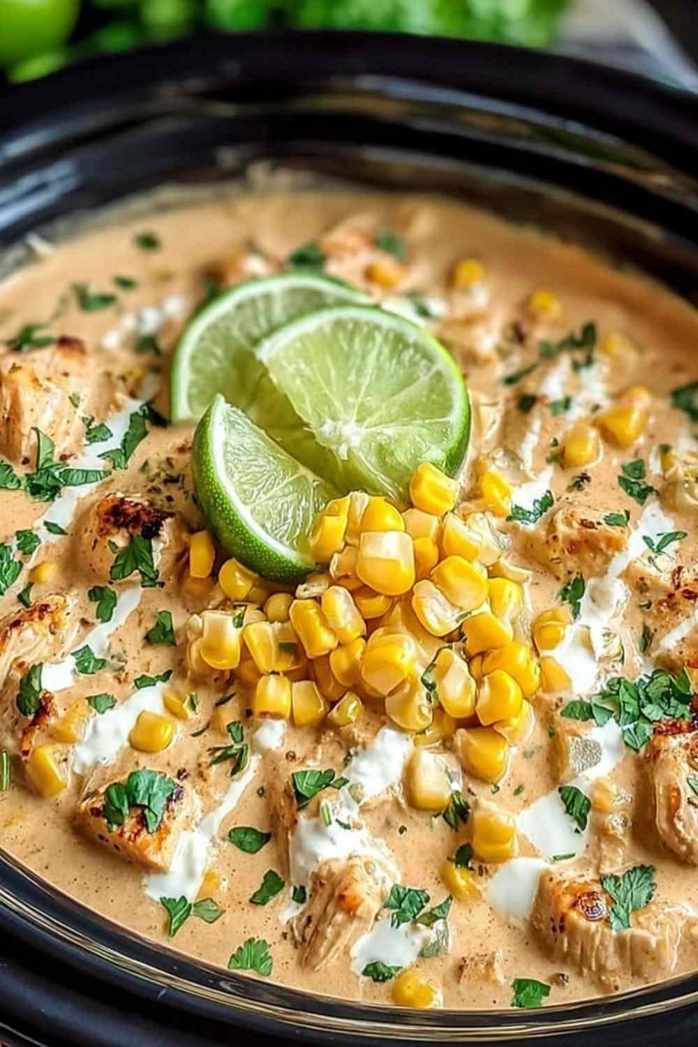 Slow-Cooker Street Corn Chicken freshly shredded in the slow cooker with creamy corn sauce, cilantro, and melted cheese on top