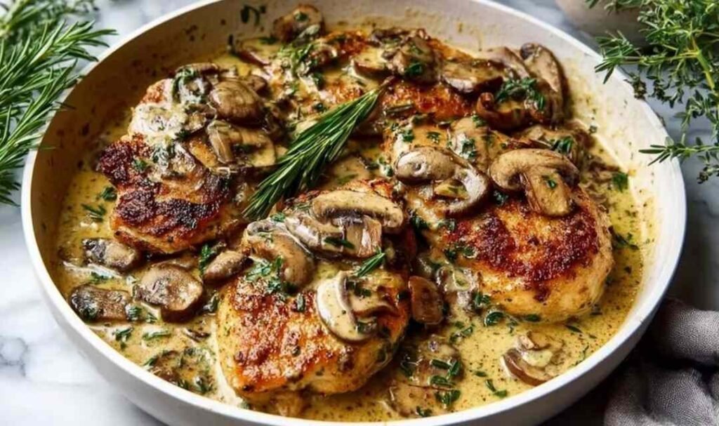 Smothered Chicken in a large skillet covered in rich herb gravy and garnished with fresh thyme sprigs