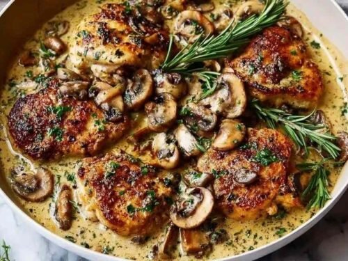 Smothered Chicken in a large skillet covered in rich herb gravy and garnished with fresh thyme sprigs
