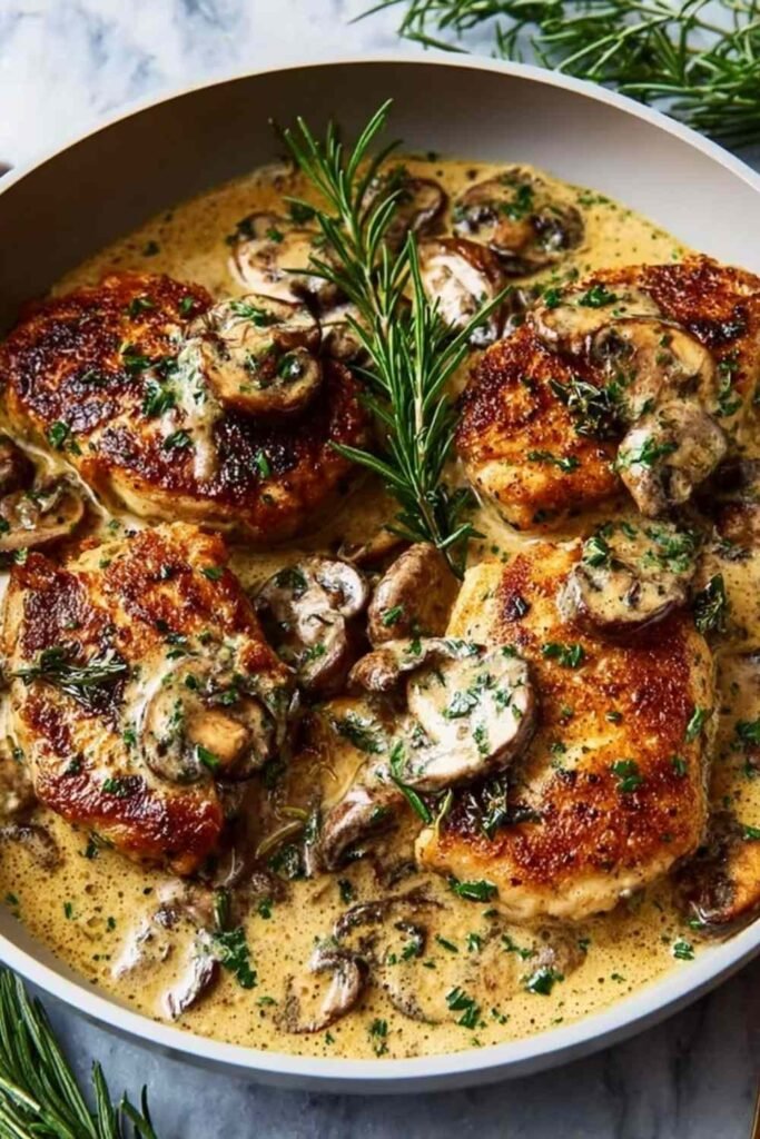 Smothered Chicken in a large skillet covered in rich herb gravy and garnished with fresh thyme sprigs