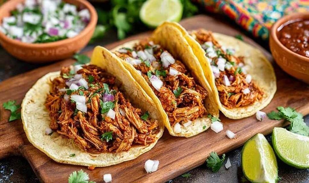 Close-up of shredded chicken tacos on corn tortillas topped with white onion, cilantro, and lime