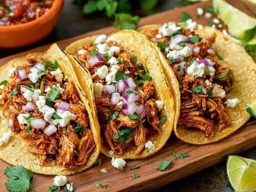 Close-up of shredded chicken tacos on corn tortillas topped with white onion, cilantro, and lime