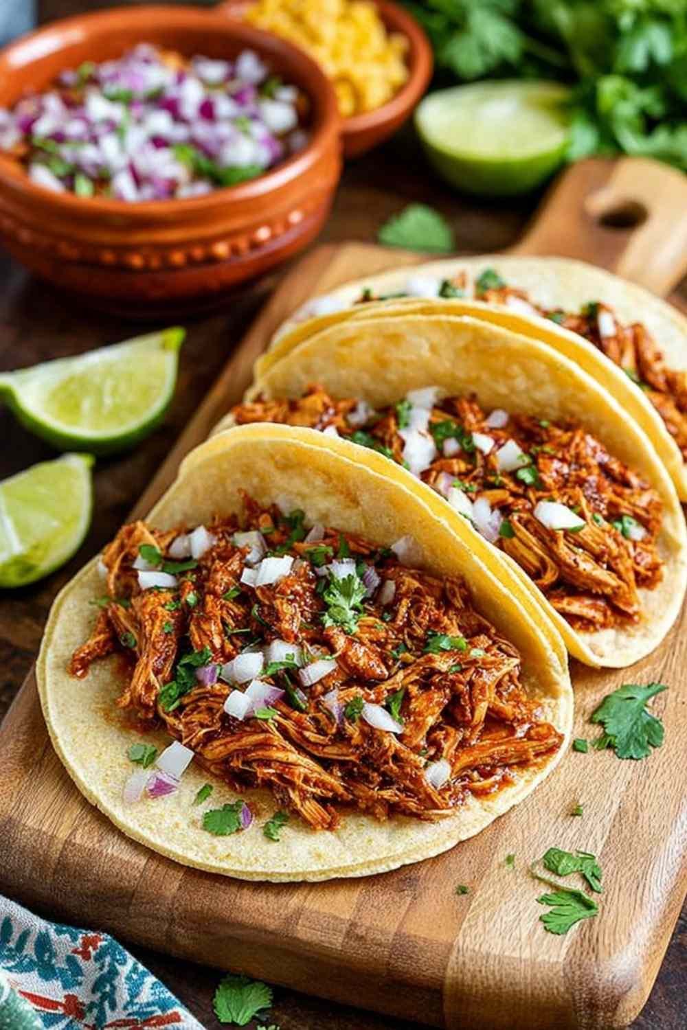 Close-up of shredded chicken tacos on corn tortillas topped with white onion, cilantro, and lime