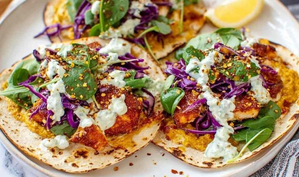 Four smashed chicken tacos on a plate with crispy corn chip crust, melted cheddar cheese, shredded red cabbage, lettuce, and cilantro sauce drizzle