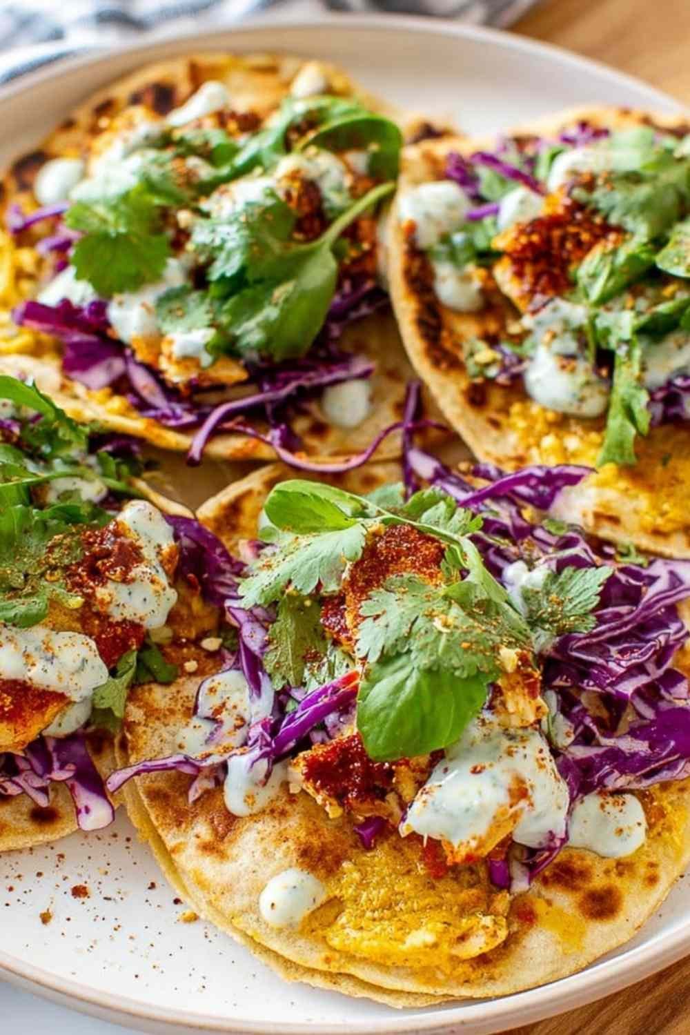 Four smashed chicken tacos on a plate with crispy corn chip crust, melted cheddar cheese, shredded red cabbage, lettuce, and cilantro sauce drizzle
