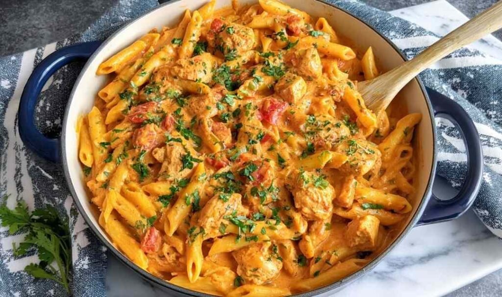 Creamy Southwest Chicken Alfredo with penne pasta and cheddar cheese in a skillet