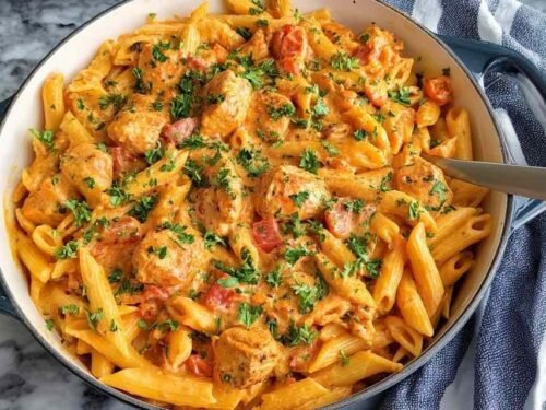 Creamy Southwest Chicken Alfredo with penne pasta and cheddar cheese in a skillet