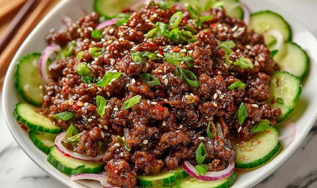 Spicy Keto Korean Ground Beef with Cucumber Salad served in a bowl over cauliflower rice with sesame seeds and green onions