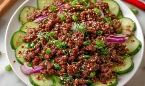 Spicy Keto Korean Ground Beef with Cucumber Salad served in a bowl over cauliflower rice with sesame seeds and green onions